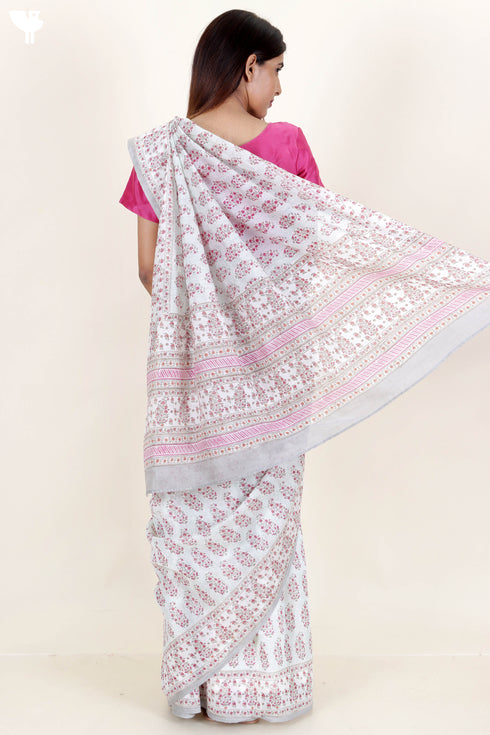 Chanderi Silk Saree In Floral Block Print